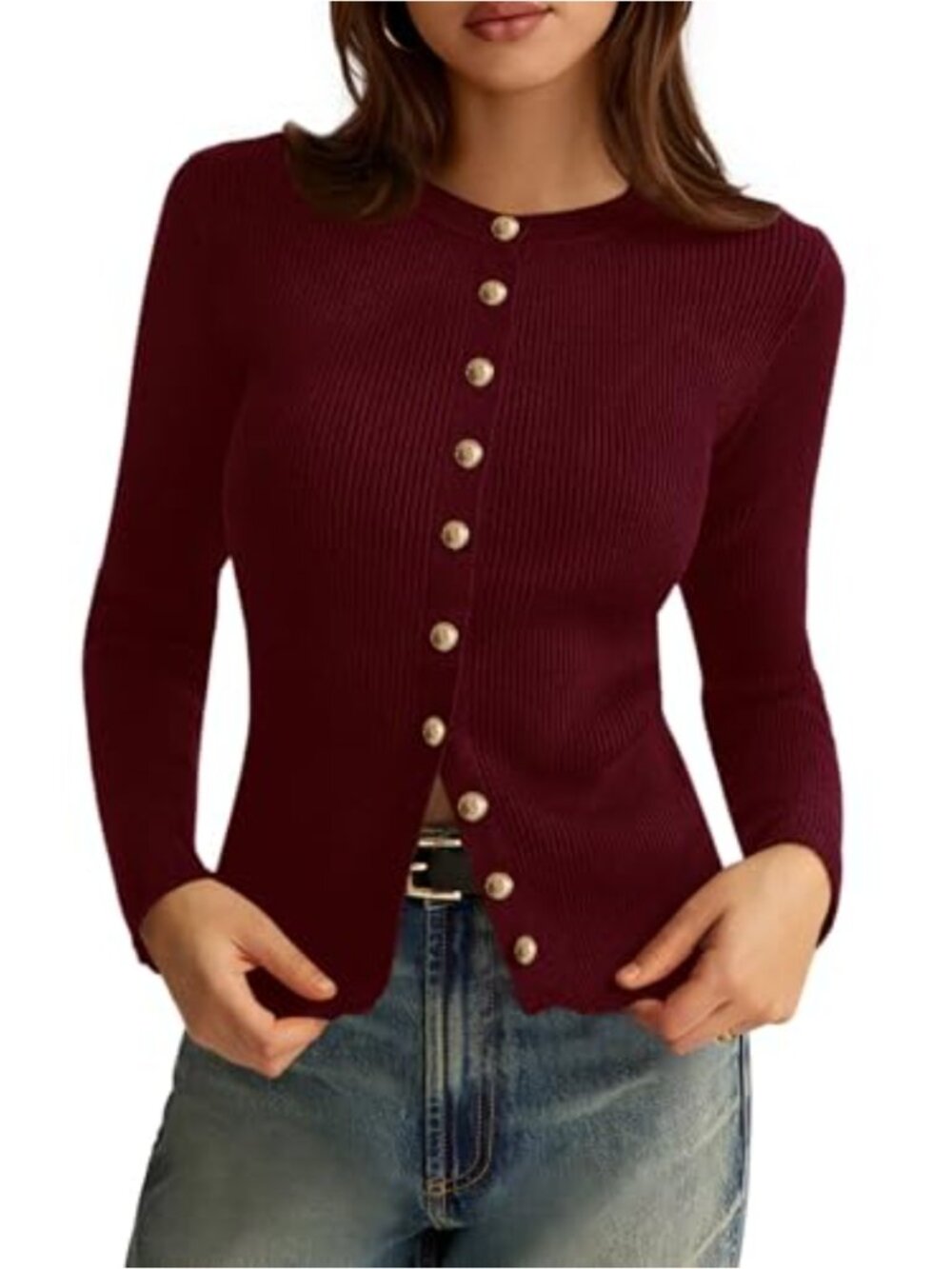 Ribbed knit cardigan sweater with button closure long sleeve